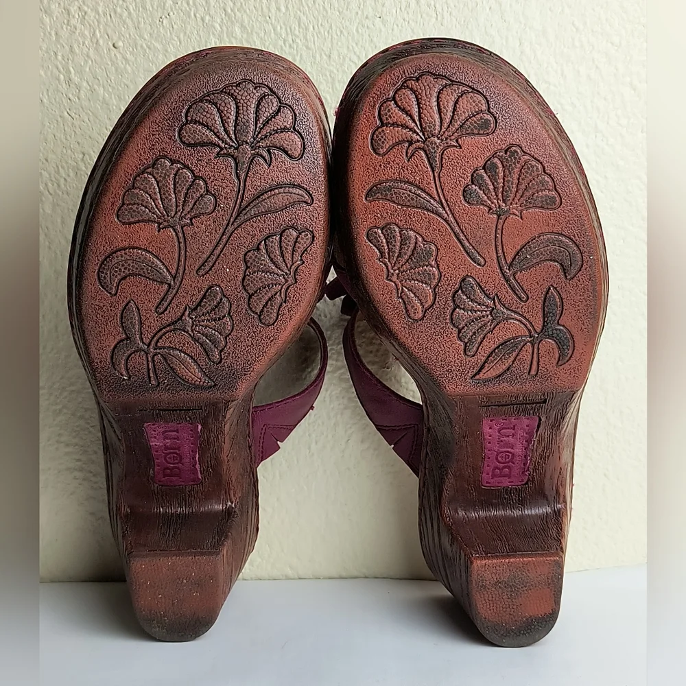 Born Zenia Electro Size 9 Purple and Brown Wedge Heel Sandals  Bow Detail